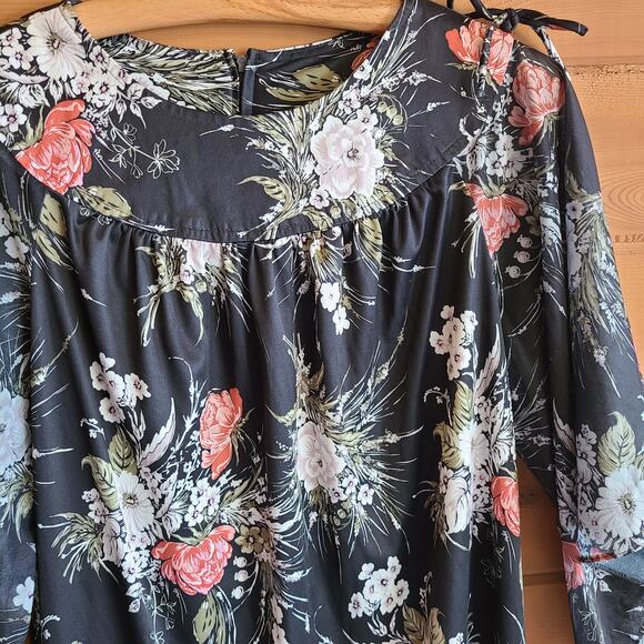 Vintage Black Floral Flare Sleeve Midi Dress Zip Back Bow Shoulder MCM Cottage - Picture 4 of 5